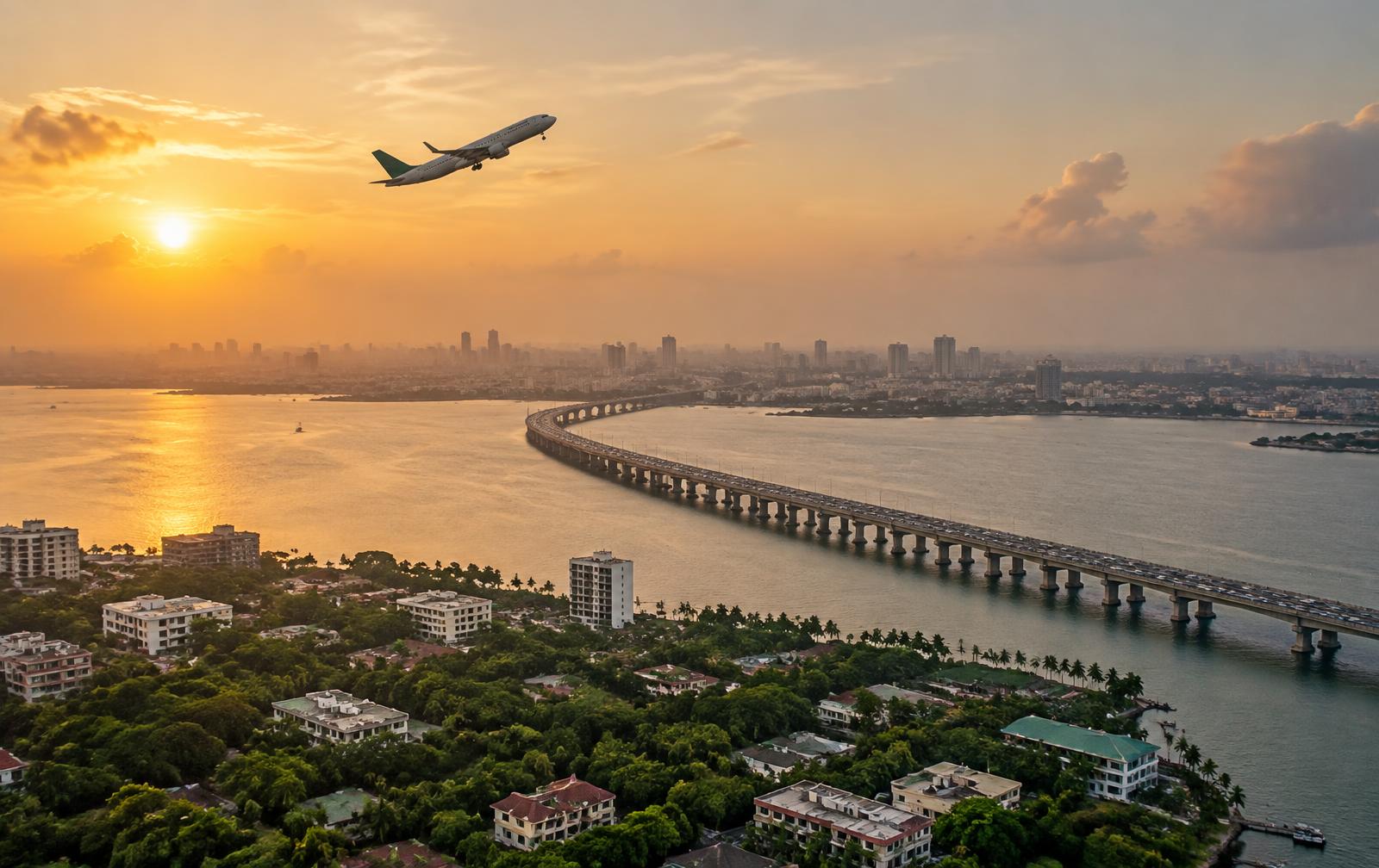 Plane taking off over Lagos lagoon at sunset